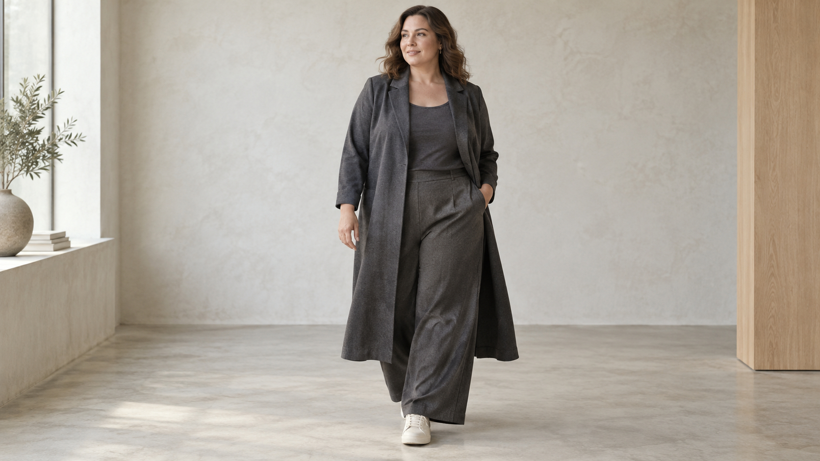 Woman wearing an open charcoal duster jacket over matching separates, forming long vertical front edges.