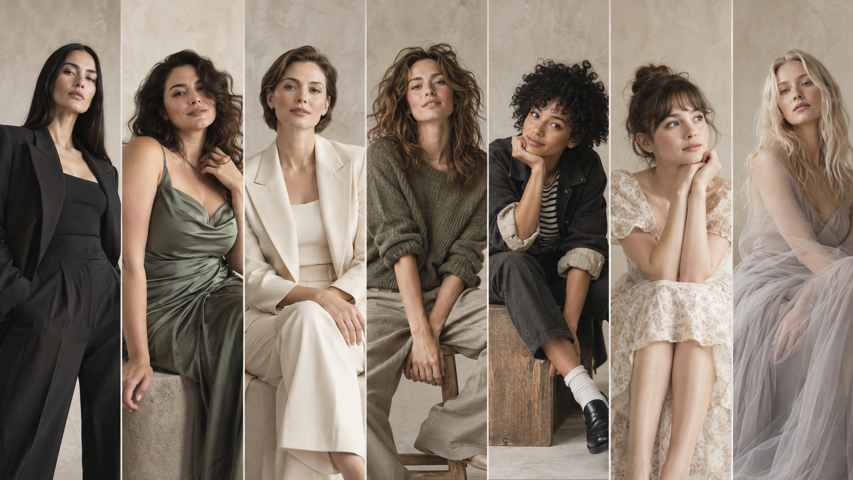 Seven portraits show different clothing moods, from sharp tailoring and relaxed knitwear to soft draping.