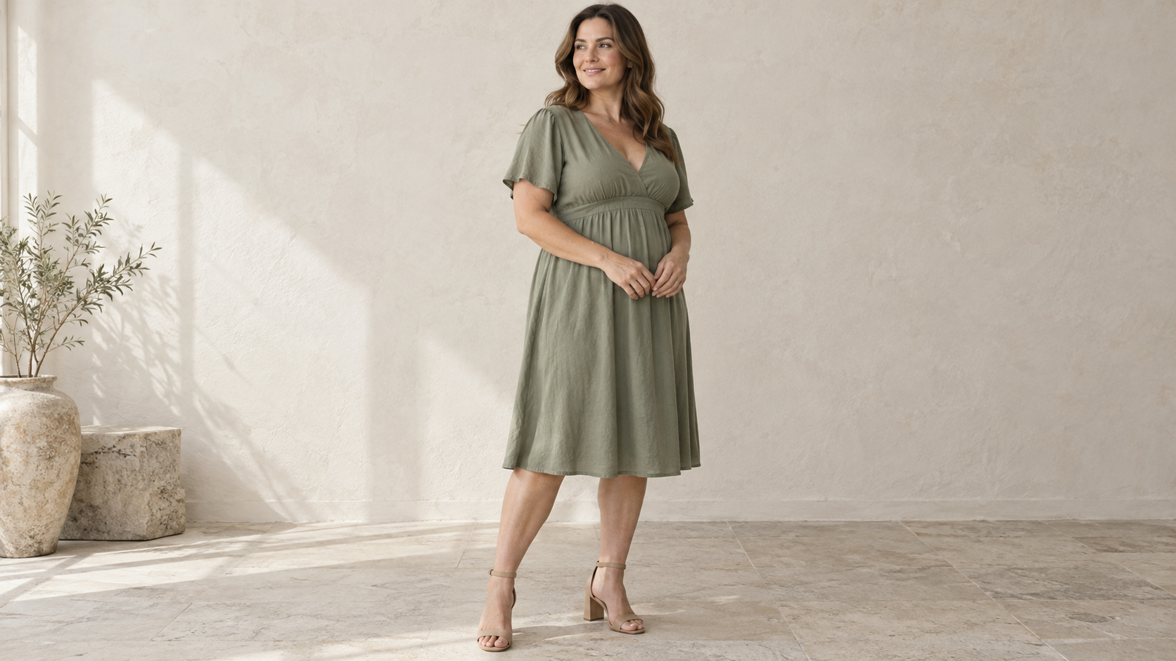 Woman in a sage V-neck empire-waist dress with fabric falling freely below the bust.