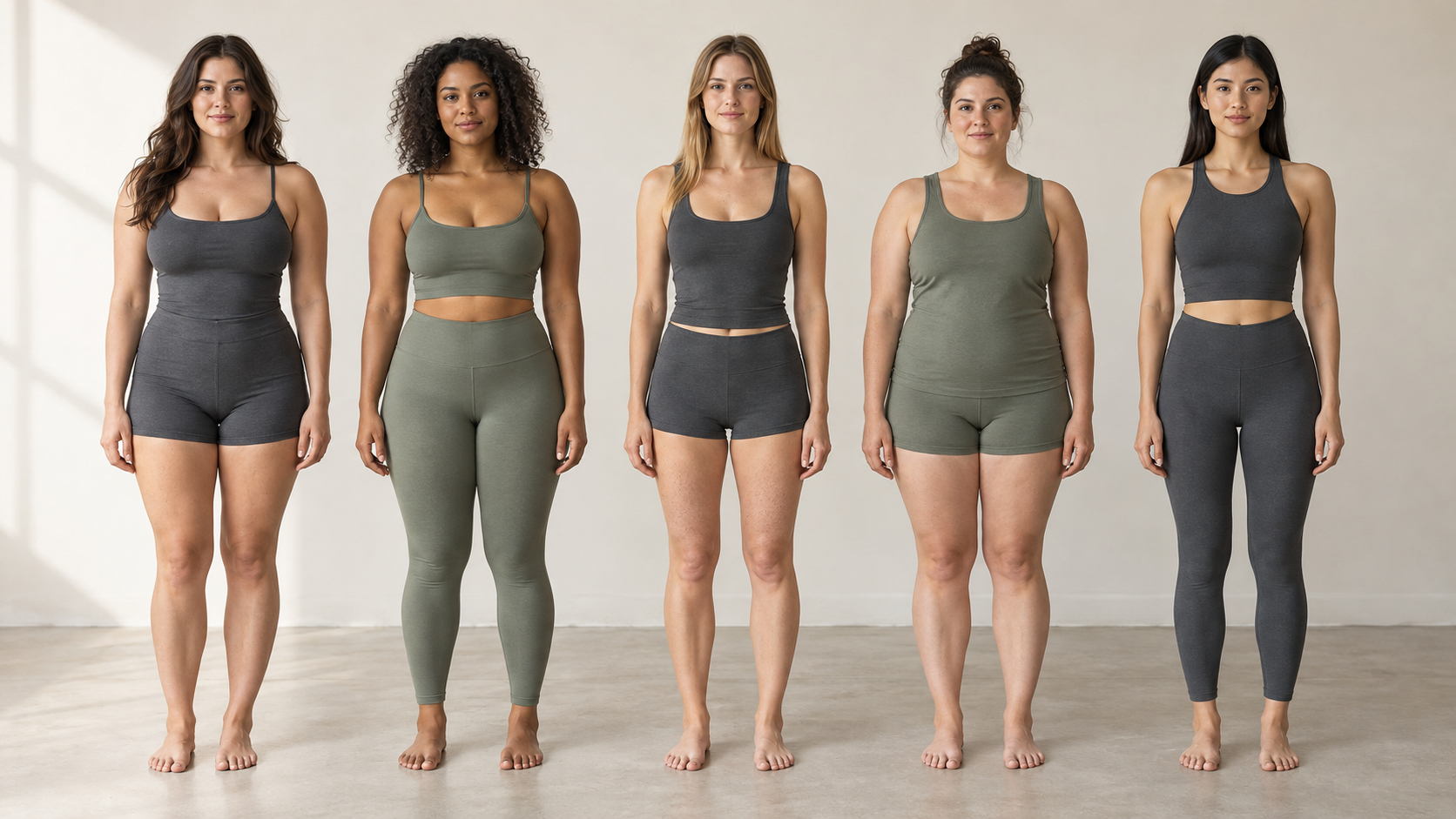 Five women standing in a row in fitted neutral outfits, showing a range of shoulder, waist, and hip proportions.