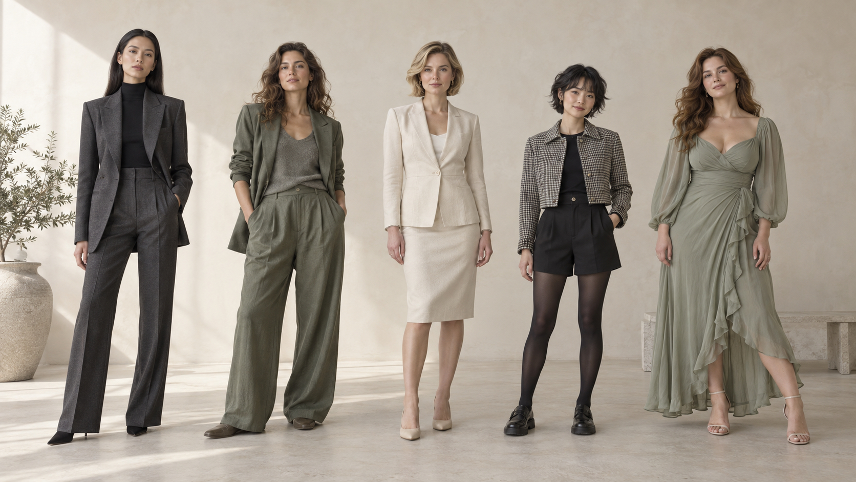 Five women in distinct tailored, relaxed, balanced, cropped, and softly draped outfits stand in a light studio.