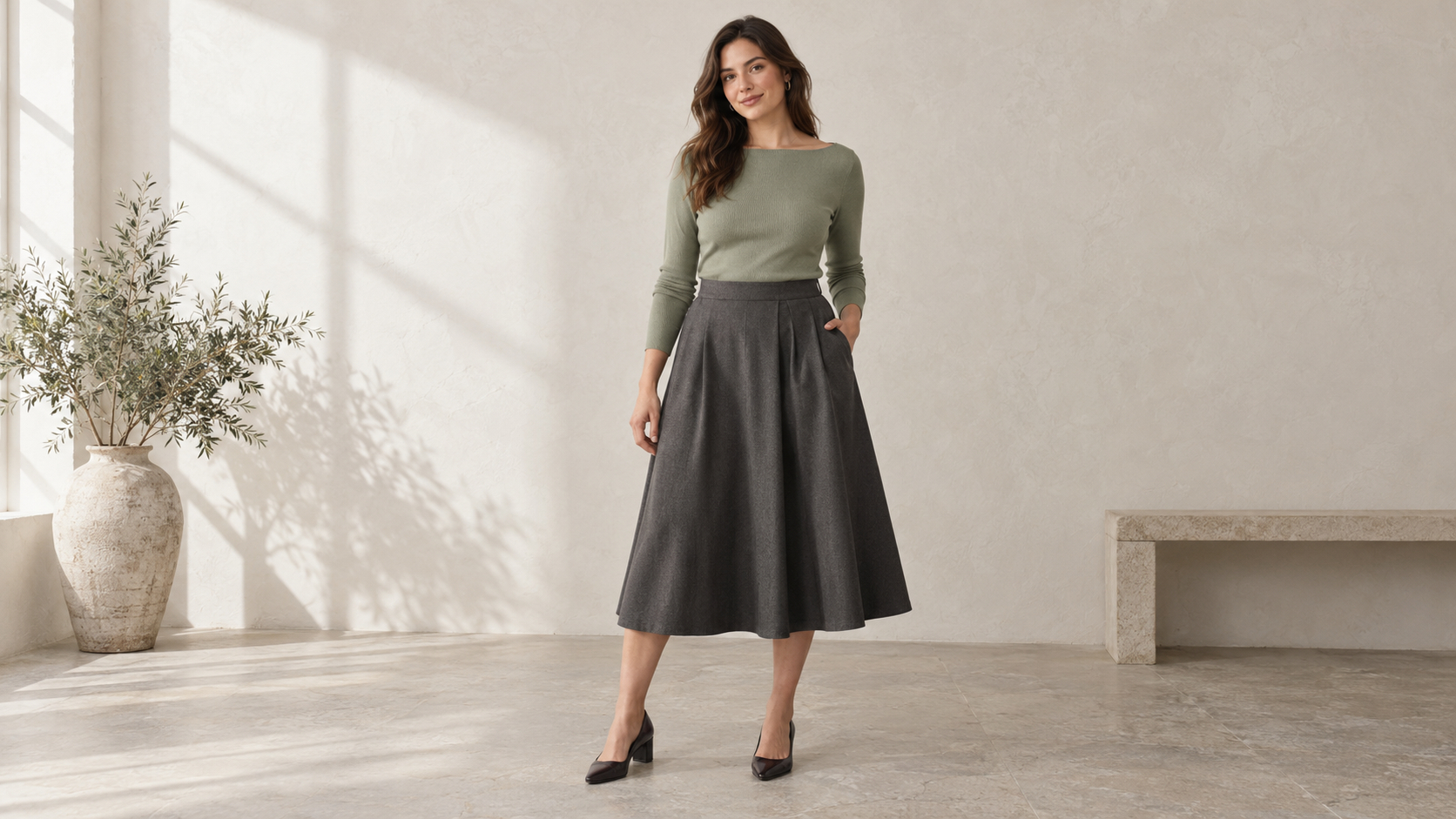 Woman wearing a boatneck top and fluid A-line skirt, shown full length in a softly lit studio.