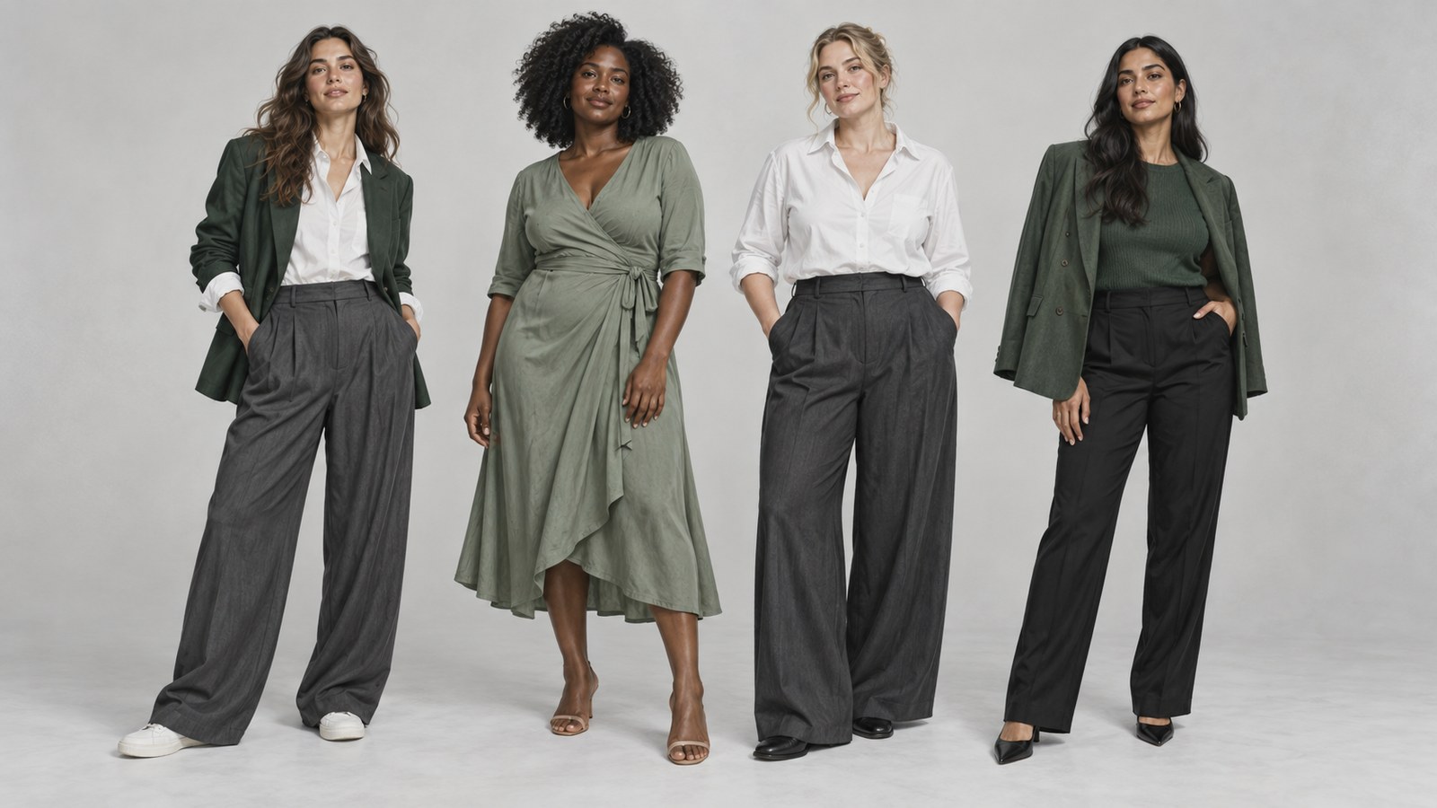 Four women in tailored separates and a softly draped dress, showing different clothing silhouettes.
