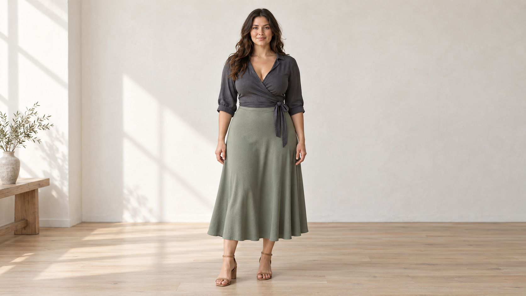 Woman in a wrap blouse and fluid A-line skirt standing full length in a softly lit studio.