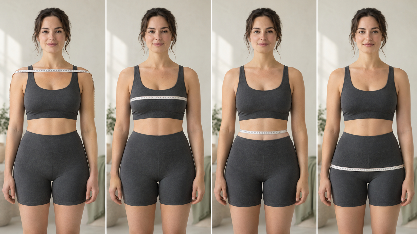 Four views of one standing person with a cloth tape at the shoulders, bust, natural waist, and hips.