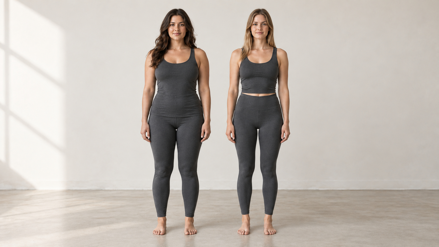 Two women of similar height stand side by side; one has a longer torso and the other has longer legs.