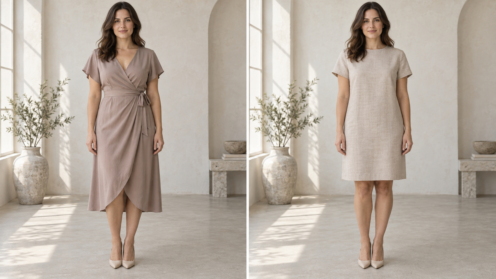 The same woman in two side-by-side views, wearing a waist-defining wrap dress and a straight shift dress.