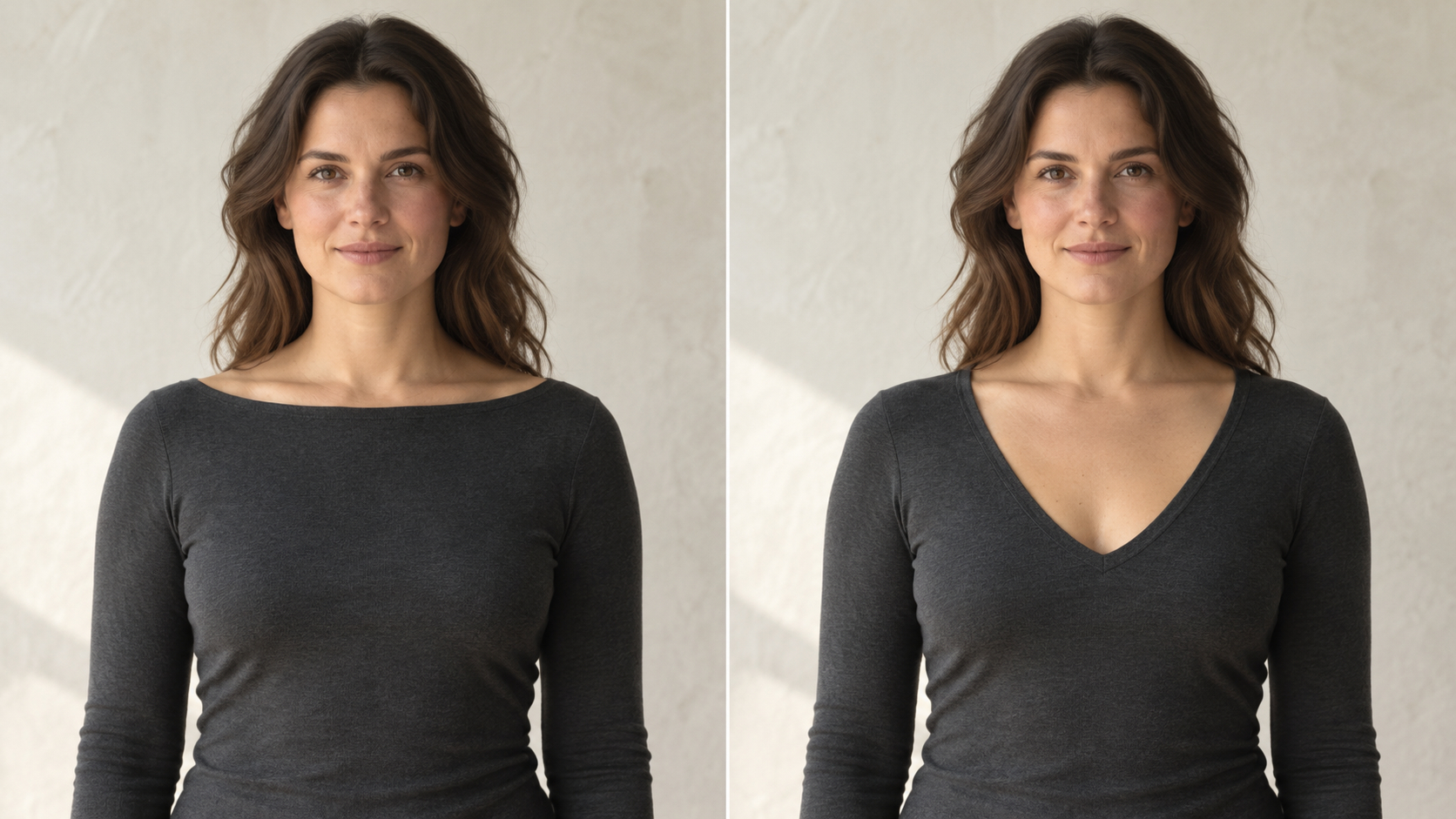 Side-by-side waist-up views of the same woman in a charcoal boatneck and a charcoal V-neck top.