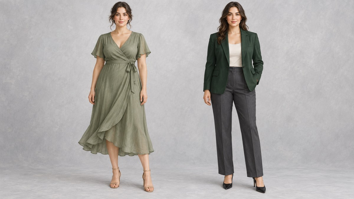 A softly draped wrap dress alongside a structured jacket and straight trousers.