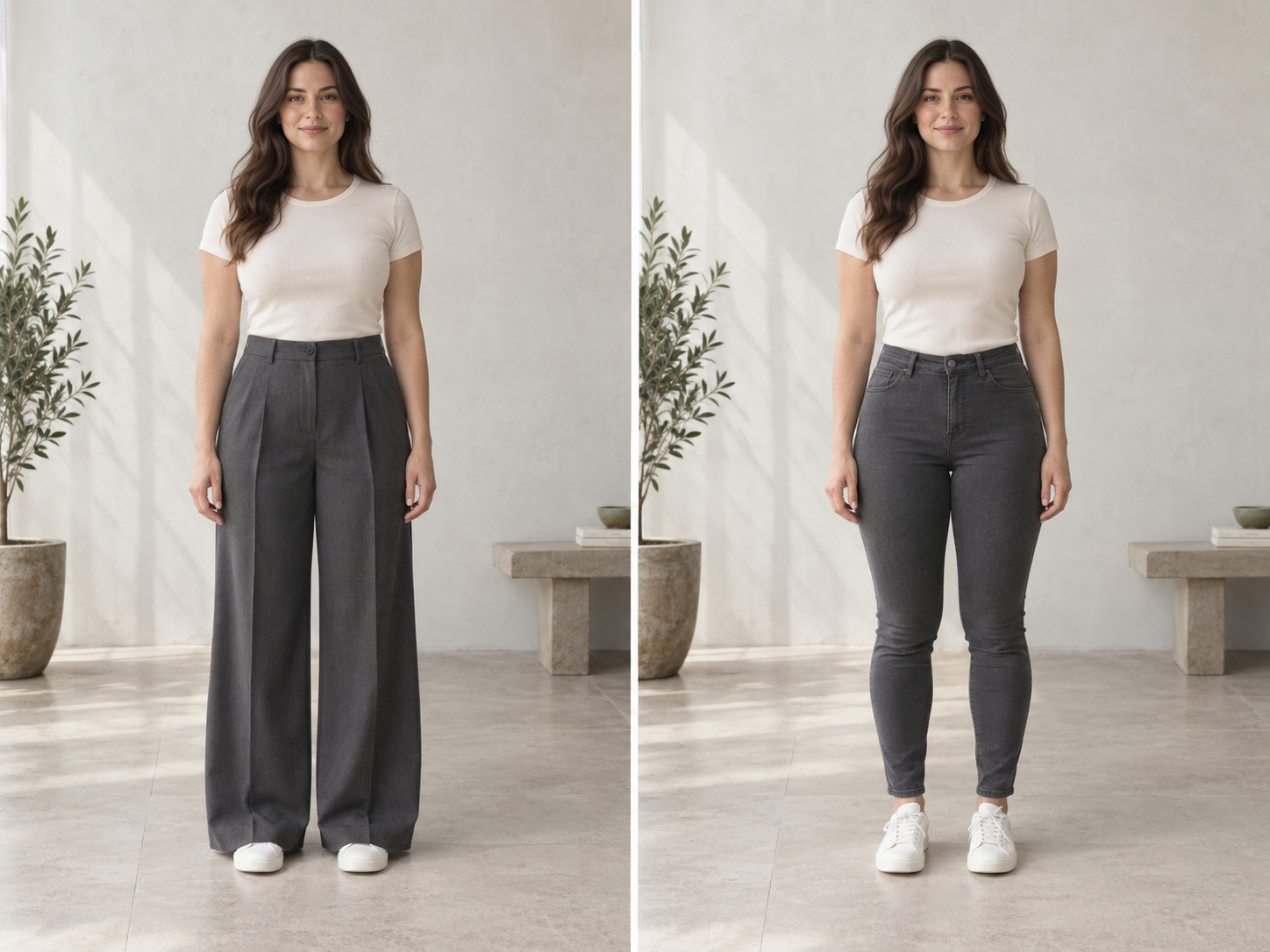 The same woman shown in tailored wide-leg trousers and fitted skinny pants.
