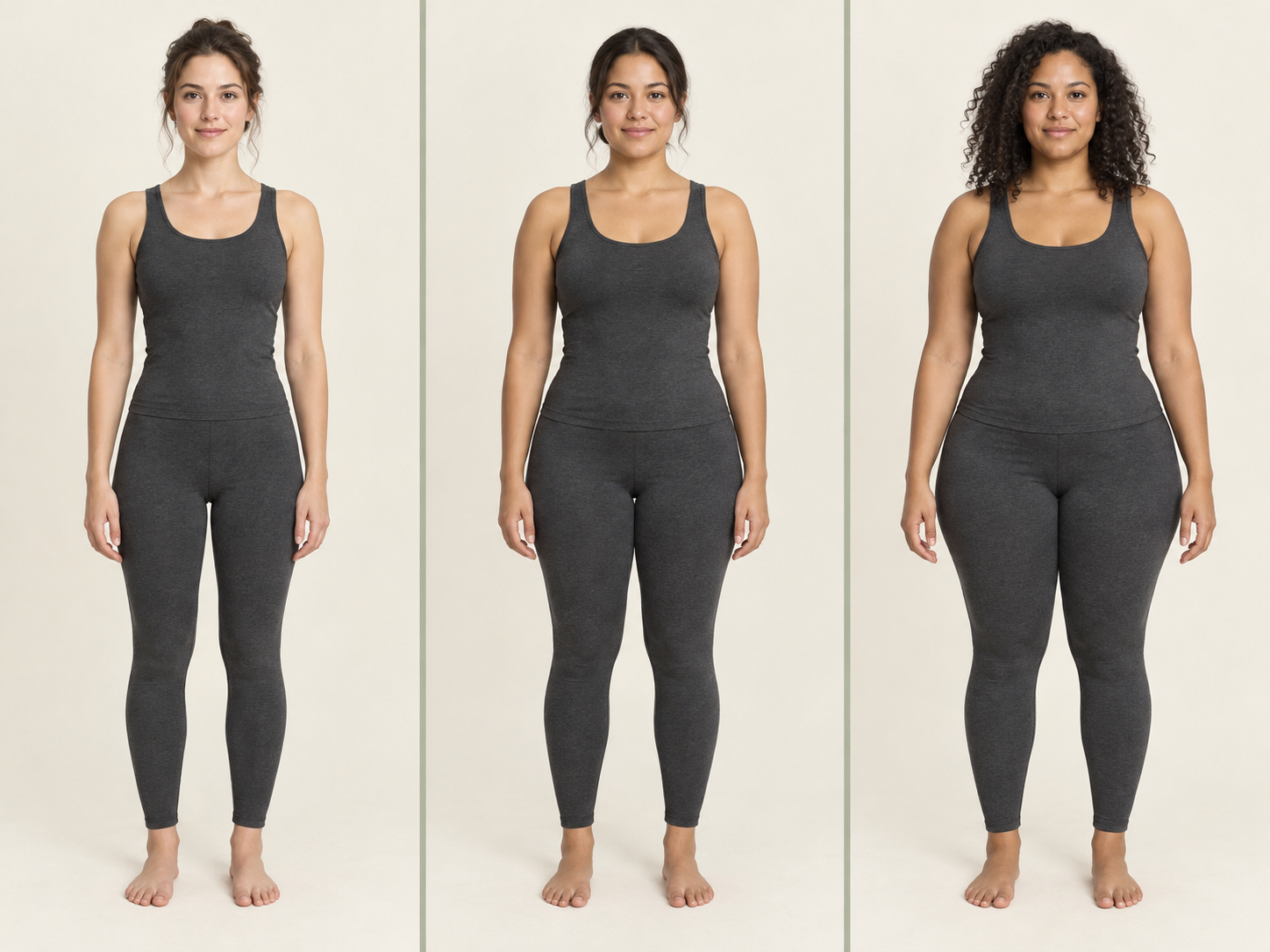 Three full-length figures in similar dark outfits showing a gradual change in waist and hip proportions.